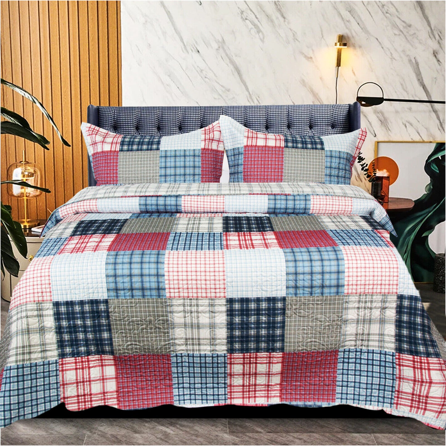 3 Piece Quilted Patchwork Bedspread Throw Single Double King Size Bedding Set