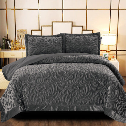 3 PCS Velvet Quilted Bedspread Throw & Pillow Shams Double King Size Bedding Set